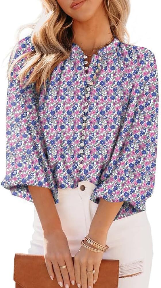 SHEWIN Women's Tops Casual V Neck Lantern Long Sleeve Boho Floral Print Button Down Shirts Chiffo... | Amazon (US)