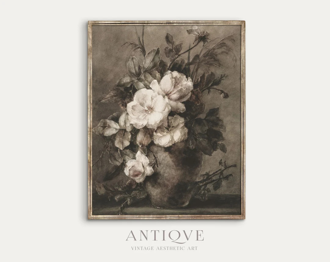 Moody Vintage Still Life White Flowers Watercolor Painting Vintage Printable Wall Art Digital Dow... | Etsy (US)