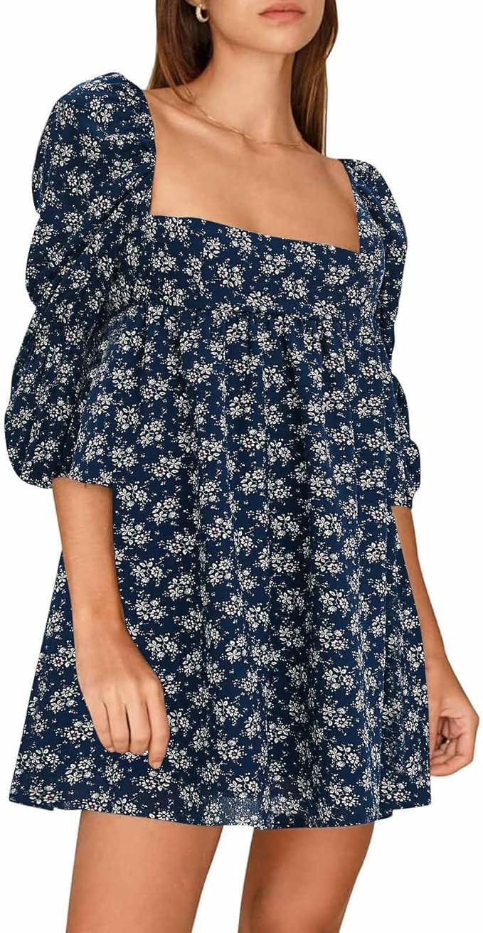 EXLURA Womens 2026 Square Neck Dress Long Puff Sleeve A-Line Casual Short Mini Dresses | Amazon (US)