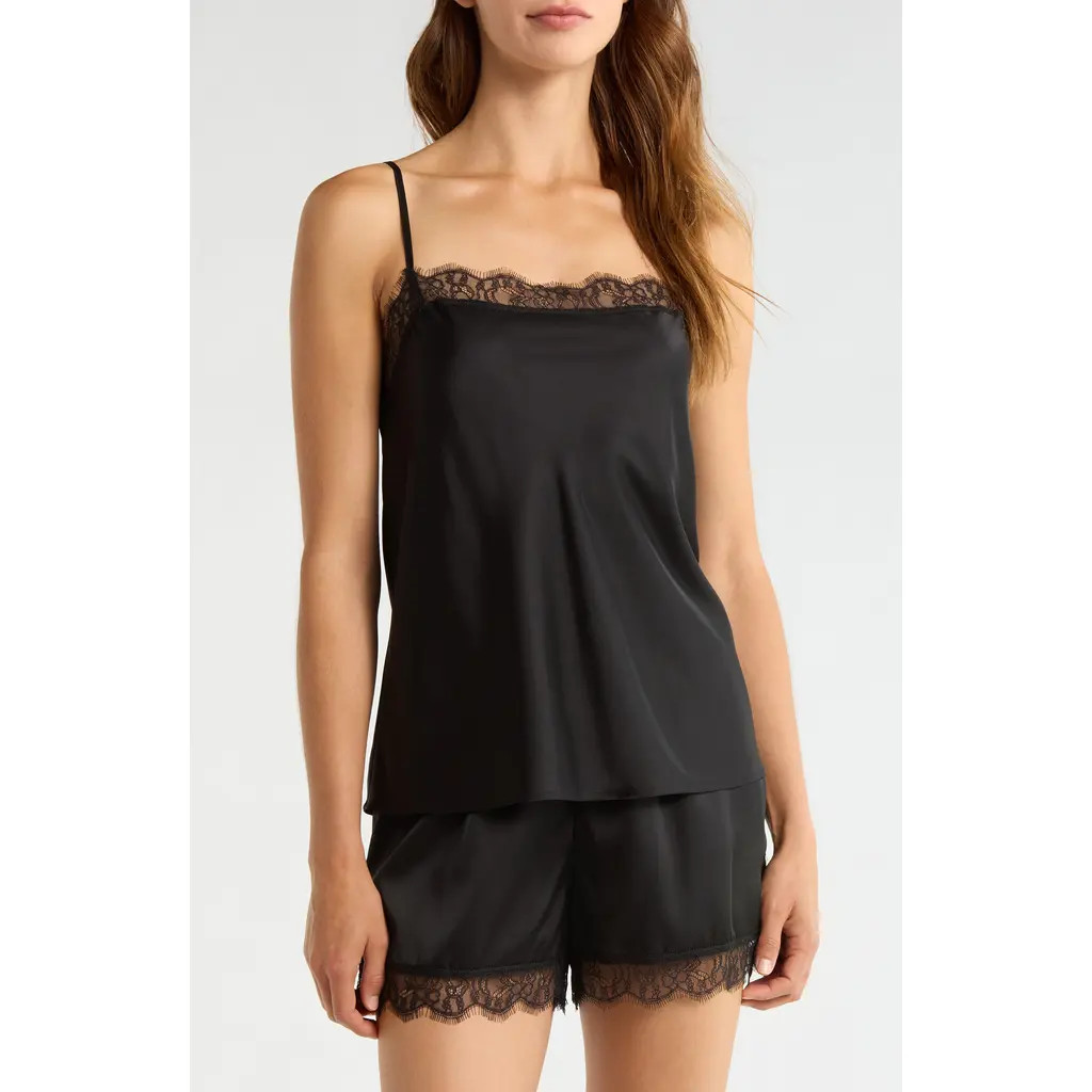Nordstrom Scalloped Lace Trim Square Neck Satin Camisole in Black at Nordstrom, Size Large | Nordstrom