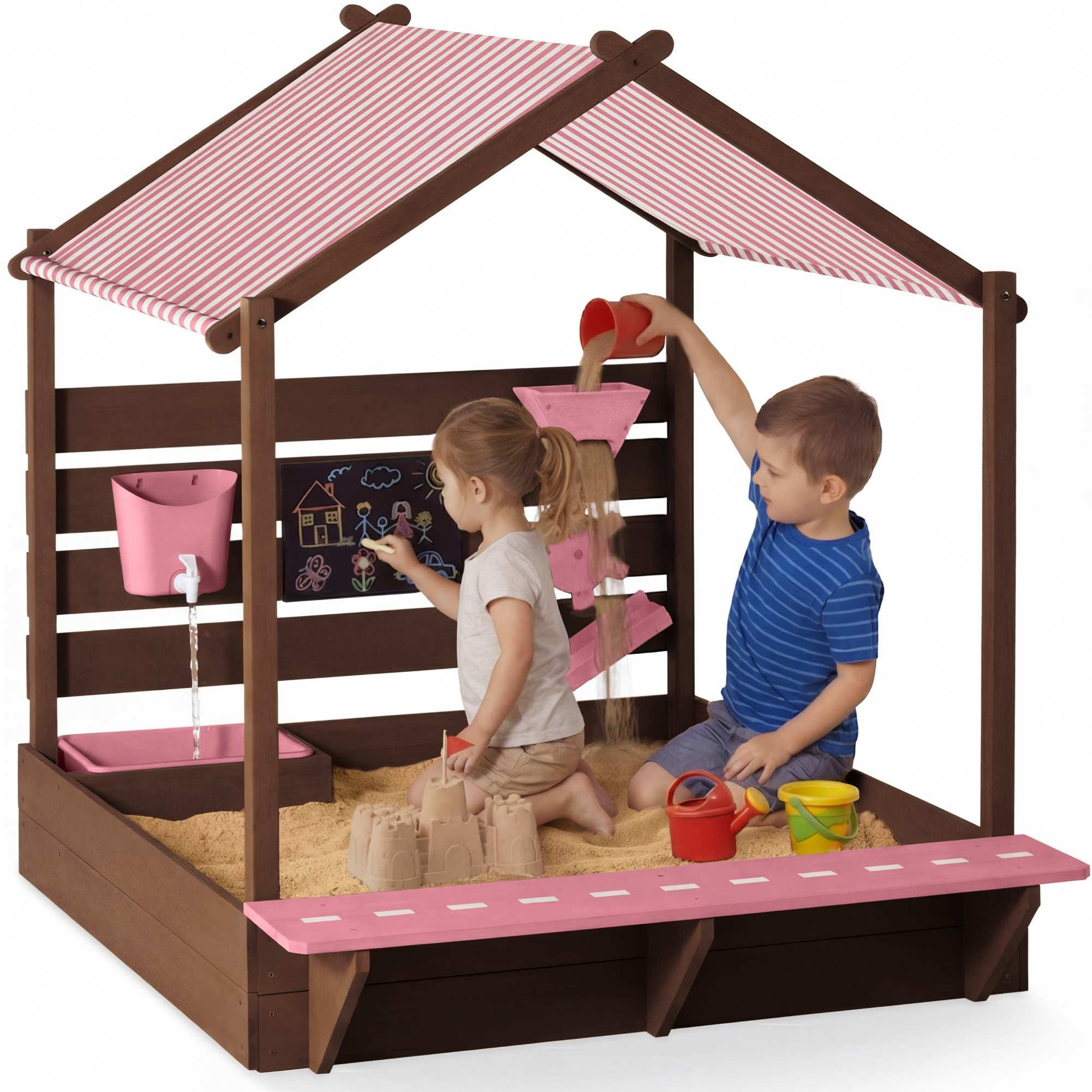 Best Choice Products Deluxe Wooden Sandbox with Canopy Water Table Bench Seat Outdoor Kids Playset - Pink Polyester one_size | SKY11714 | Lowe's