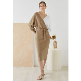 Tie Bow Two-Tone Knit Wrap Midi Dress in Tan | Chicwish