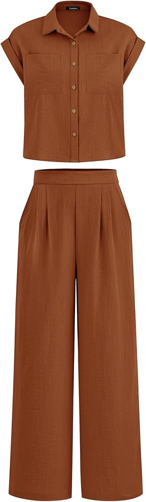 PRETTYGARDEN Women's Summer 2 Piece Outfits 2024 Casual Tracksuit Short Sleeve Button Down Shirts... | Amazon (US)