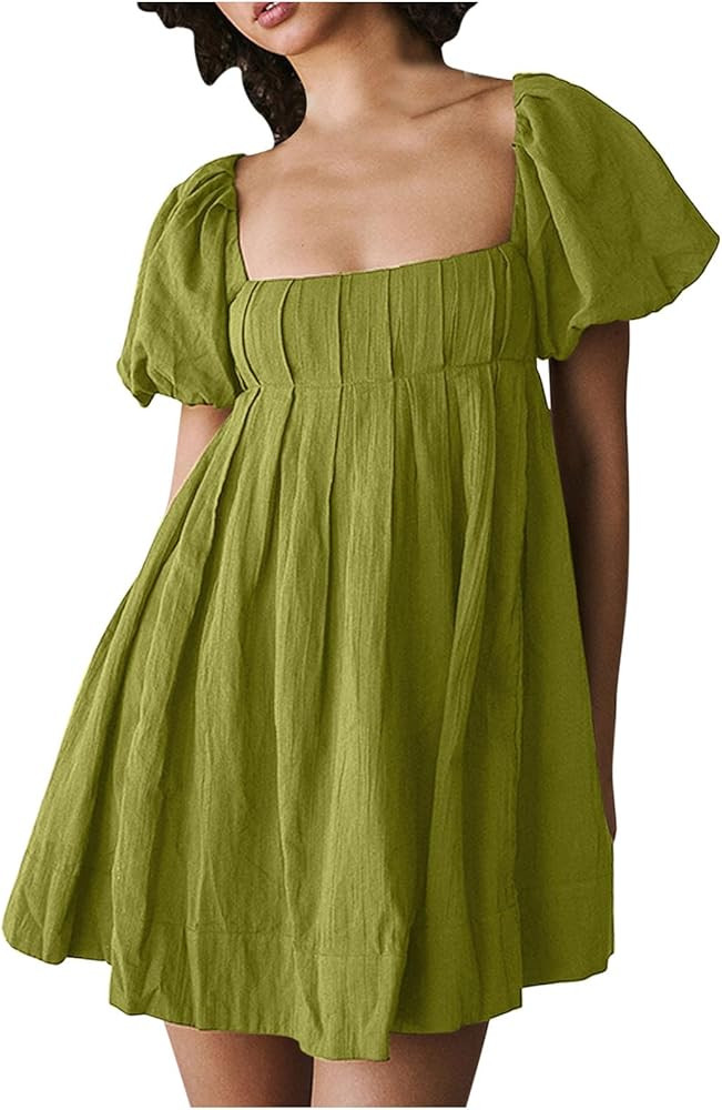 Women Summer Square Neck Puff Sleeve Dress Casual Criss Cross Lace Up Backless Pleated Babydoll Y... | Amazon (US)