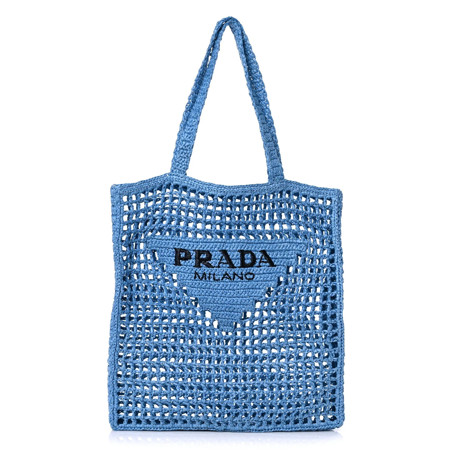 PRADA Raffia Embroidered Logo Tote Bag Celeste | FASHIONPHILE (US)