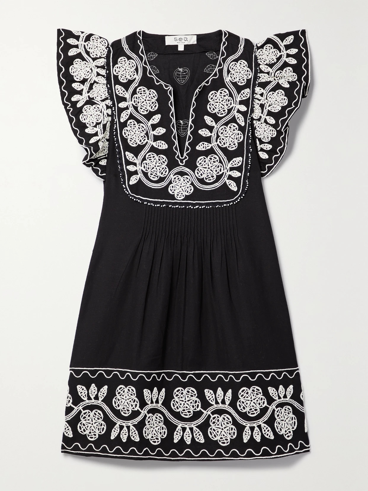 Sea - Beck Pintucked Embroidered Cotton And Linen-blend Mini Dress - Black | NET-A-PORTER (US)