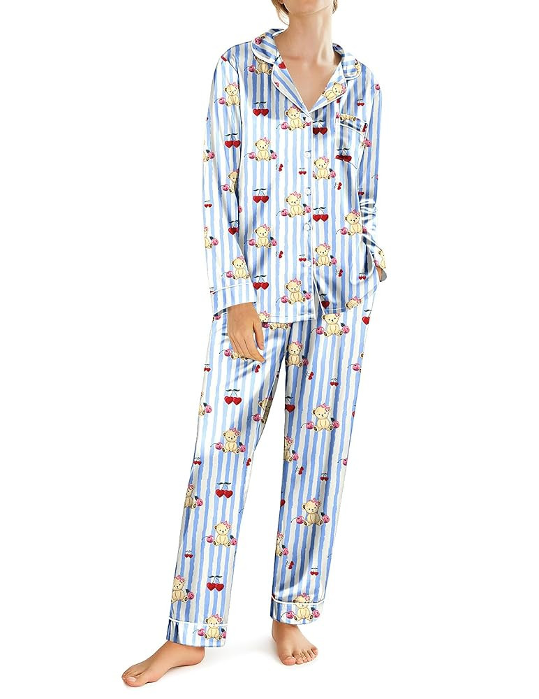 Ekouaer Silk Satin Pajamas for Women Teddy Bear Pjs Set Button Down Long Sleeve Loungewear Cute S... | Amazon (US)