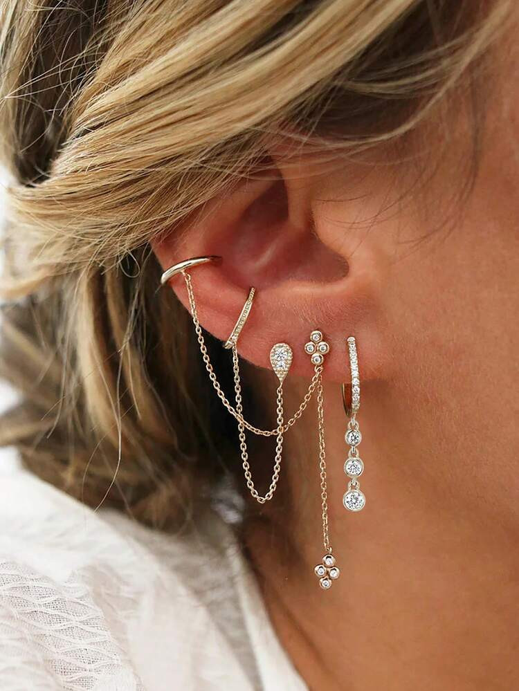 3Pcs/Set Earrings For Women Zirconia Initial Chain Stud Earrings Fashion Dangle Earring Women Glamorous Jewelry Accessories | SHEIN
