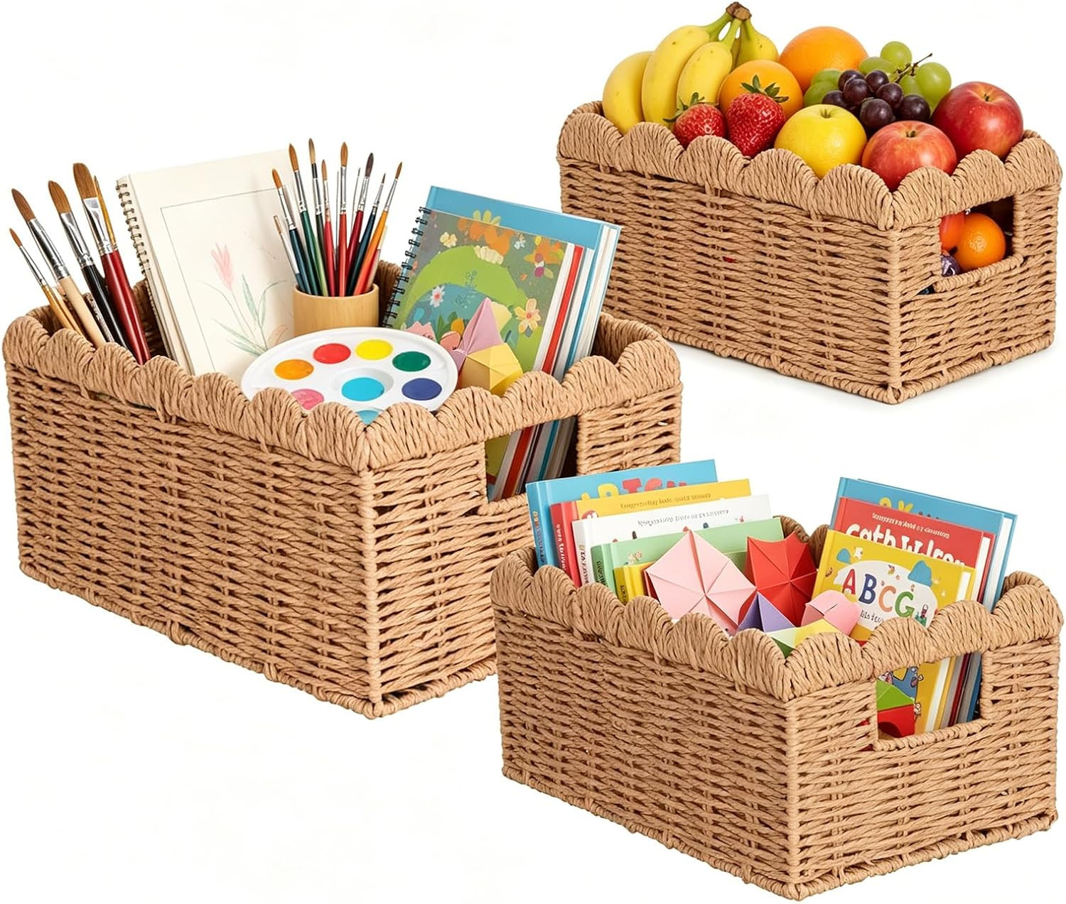 3 Pcs Wicker Storage Baskets for Shelves Picnic Scalloped Basket | Amazon (US)