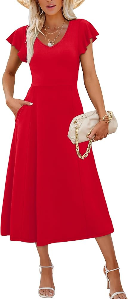 SAMPEEL Summer Dresses for Women 2025 Midi Maxi Dress Elegant Classy Ruffle Sleeve Tie Back Scoop... | Amazon (US)