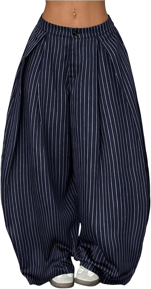 GORGLITTER Women's Baggy Barrel Pant Low Rise Pleated Cargo Oversized Wide Leg Business Dress Cas... | Amazon (US)