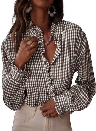 Astylish Women's Button Down Plaid Shirt Casual Tops 2025 Fall Flowy Long Sleeve Ruffle V Neck Trendy Checkered Blouses Coffee Large | Amazon (US)