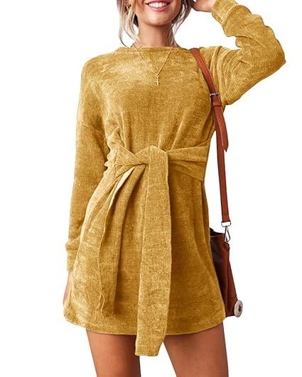 Ybenlow Womens Velvet Dress Long Sleeve Slim Fit Tie Waist Party Midi Fall Dresses | Amazon (US)