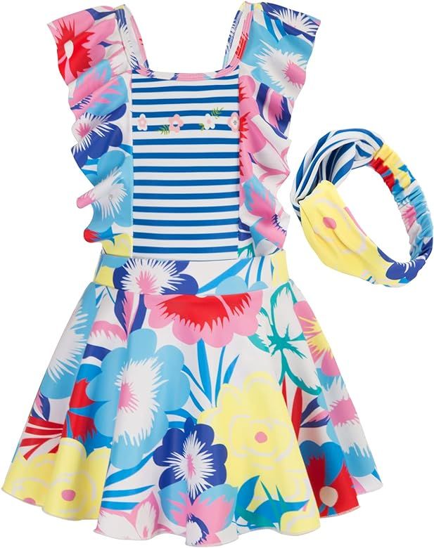 Girls Swimsuits Ruffle Floral Bathing Suit One Piece Swim Dress Swimwear with Headband | Amazon (US)