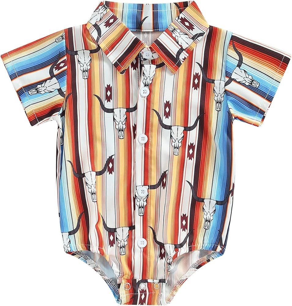 Karuedoo Western Baby Boy Clothes Cow Print Shirt Romper Infant Short Sleeve Button Down Bodysuit... | Amazon (US)