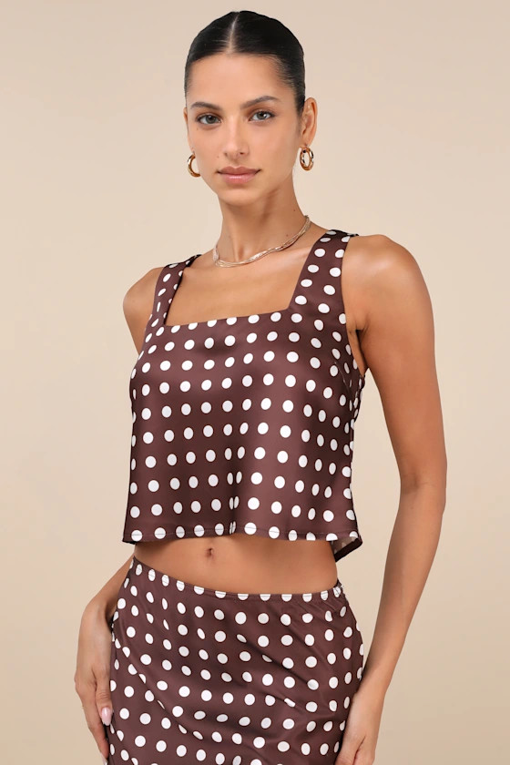 Classically Charismatic Brown Polka Dot Satin Cropped Tank Top | Lulus