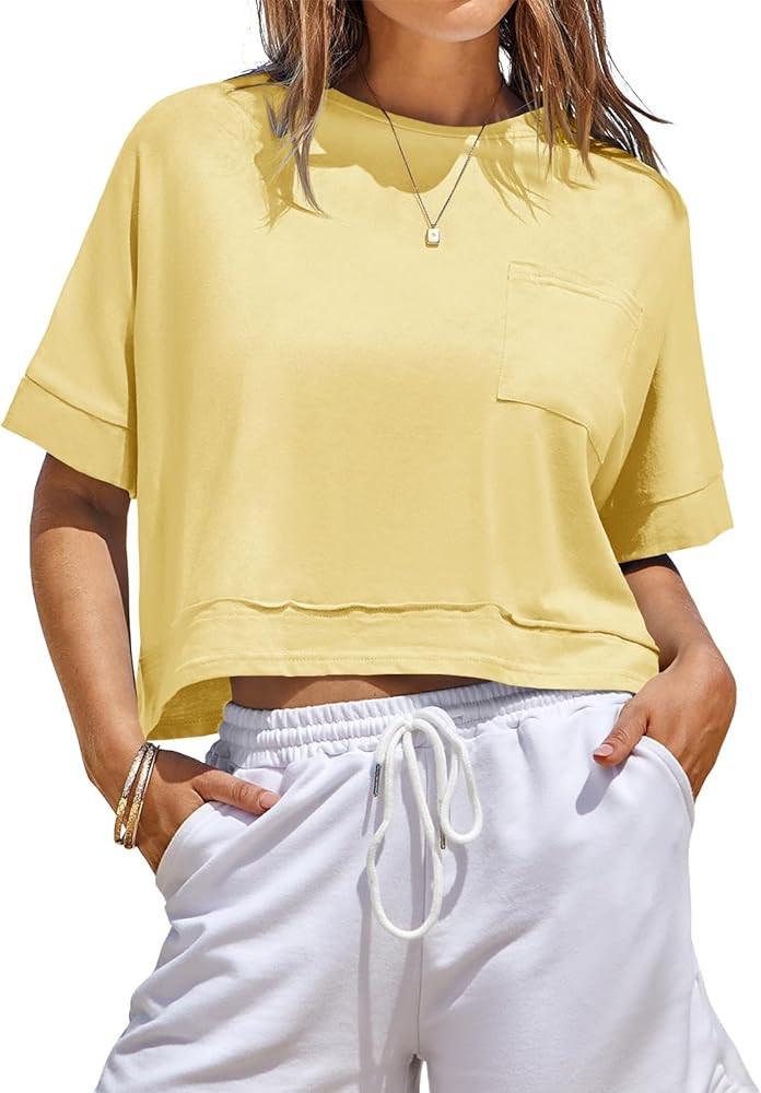 Fisoew Womens Oversized Crop Tops Workout Short Sleeve T Shirts Summer Casual Loose Fit Basic Tee... | Amazon (US)