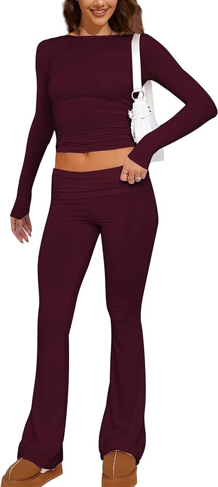 Women's 2 Piece Lounge Set Outfits Fold Over Flare Yoga Pants Set Long Sleeve Set Pajamas Tracksu... | Amazon (US)