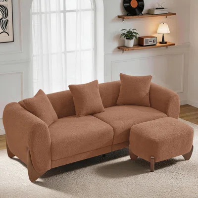 87" Upholstered Sherpa Boucle Sofa With Ottoman - Modern Couch Set with Solid Wood Legs | Wayfair North America