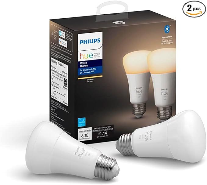 Philips Hue White 2-Pack A19 LED Smart Bulb, Bluetooth & Zigbee compatible (Hue Hub Optional), Wo... | Amazon (US)