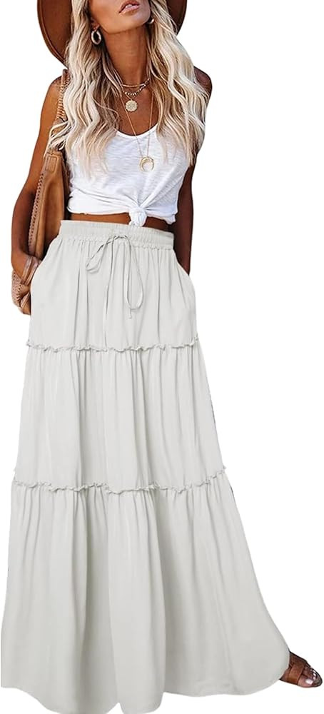 EARKOHA Womens Boho Maxi Skirt 2026 Summer Cruise Casual High Waist Tie Flowy Long Skirt with Poc... | Amazon (US)