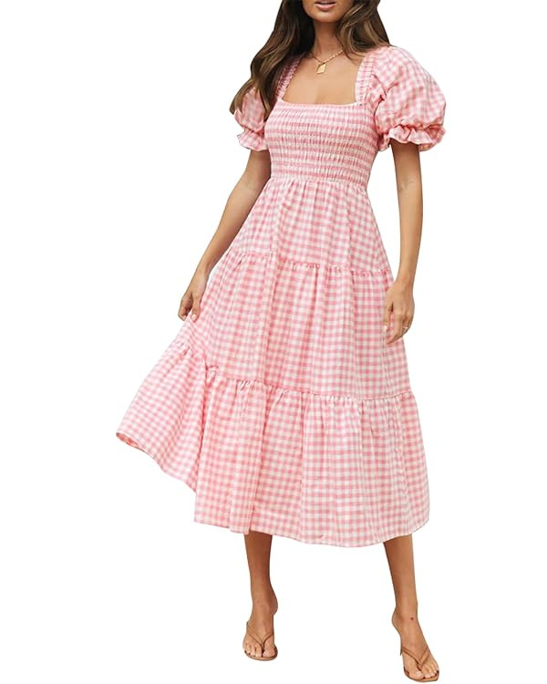 ZESICA Women's 2025 Bohemian Summer Plaid Square Neck Puff Sleeve Ruffle Flowy Beach Midi Dress | Amazon (US)