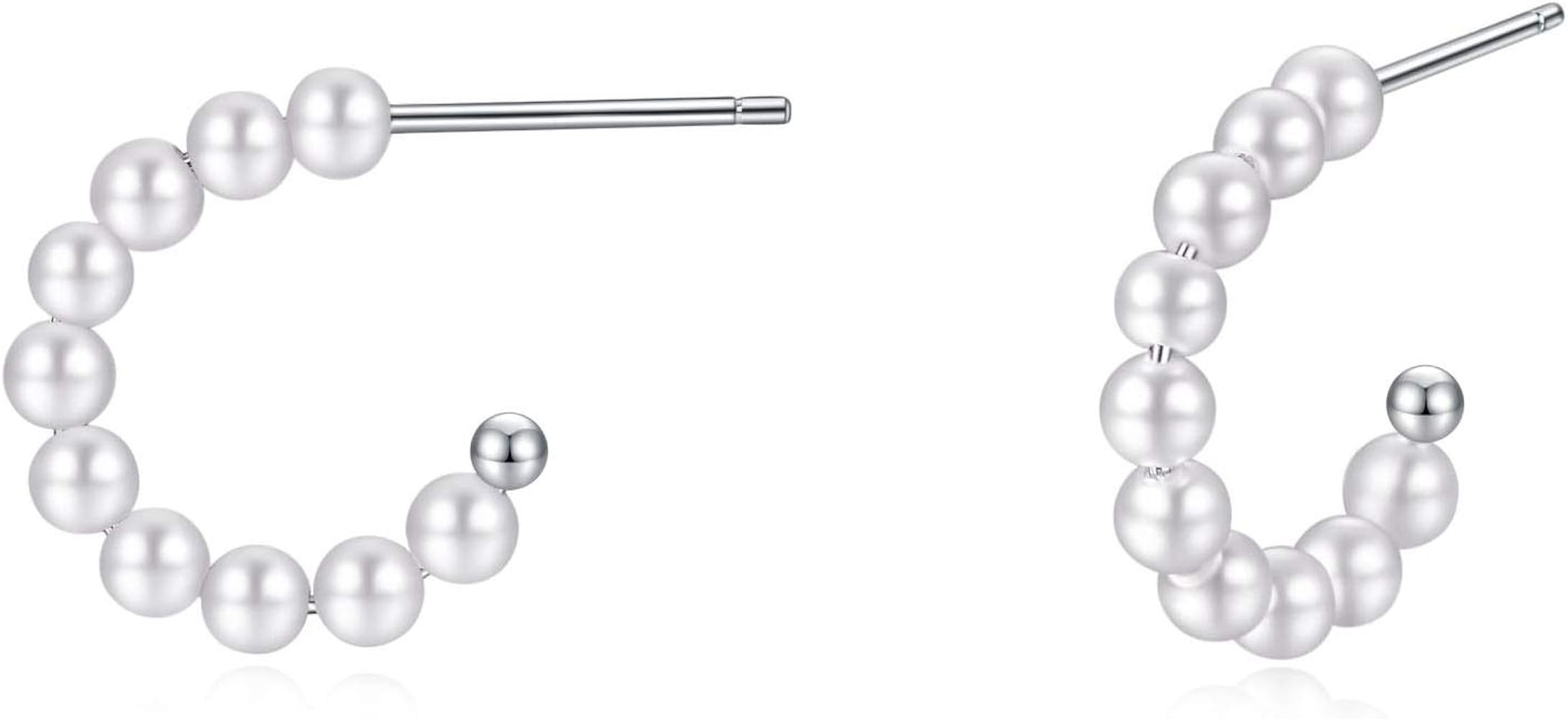 925 Sterling Silver Small Pearl Hoop Earrings for Women Gilrs | Amazon (US)