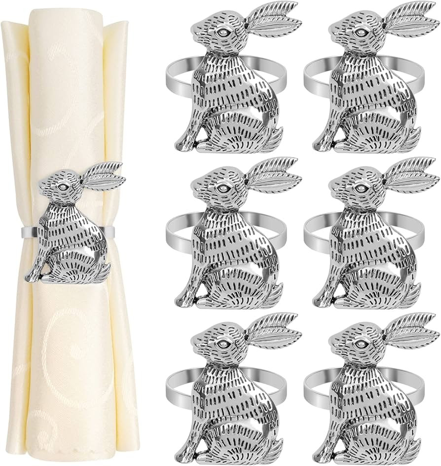 Easter Bunny Napkin Rings Set of 6 Silver Metal Rabbit Napkin Ring Holders for Easter Party Banqu... | Amazon (US)