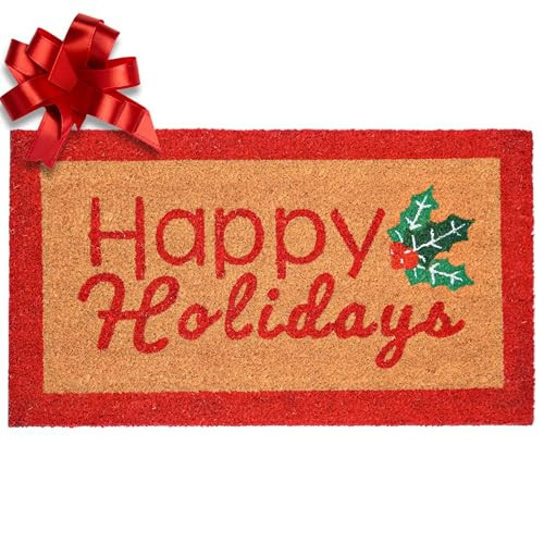 MAINEVENT Happy Holidays Door Mat Outdoor 30x17 Inch, Holiday Doormat for Covered Outside Area, Coir Welcome Mat w/Anti-Slip PVC Backing | Amazon (US)