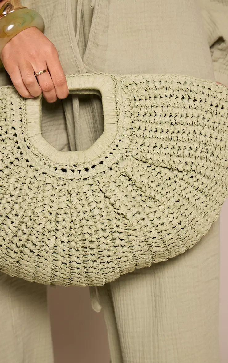 Sage Raffia Rounded Clutch Bag | PrettyLittleThing | PrettyLittleThing UK