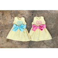 Baby Girls Yellow Easter Dresses, Twin Girl Matching Sister Mint Green Or Pink Sash, Monogram Baby C | Etsy (US)