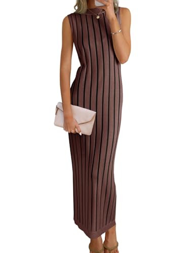 Wenrine Womens Sleeveless Sweater Dress Mock Neck Ribbed Knit Fall Tank Maxi Dresses Brown | Amazon (US)