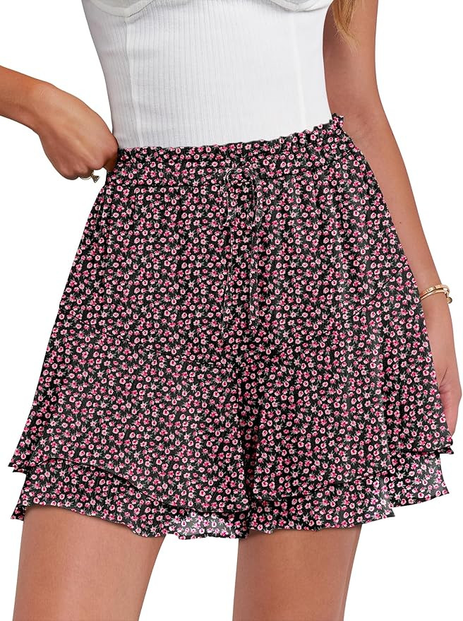 Caracilia Skorts for Women Boho Casual Beach Mini Skirts Summer Floral Ruffle Chiffon Flowy Short... | Amazon (US)
