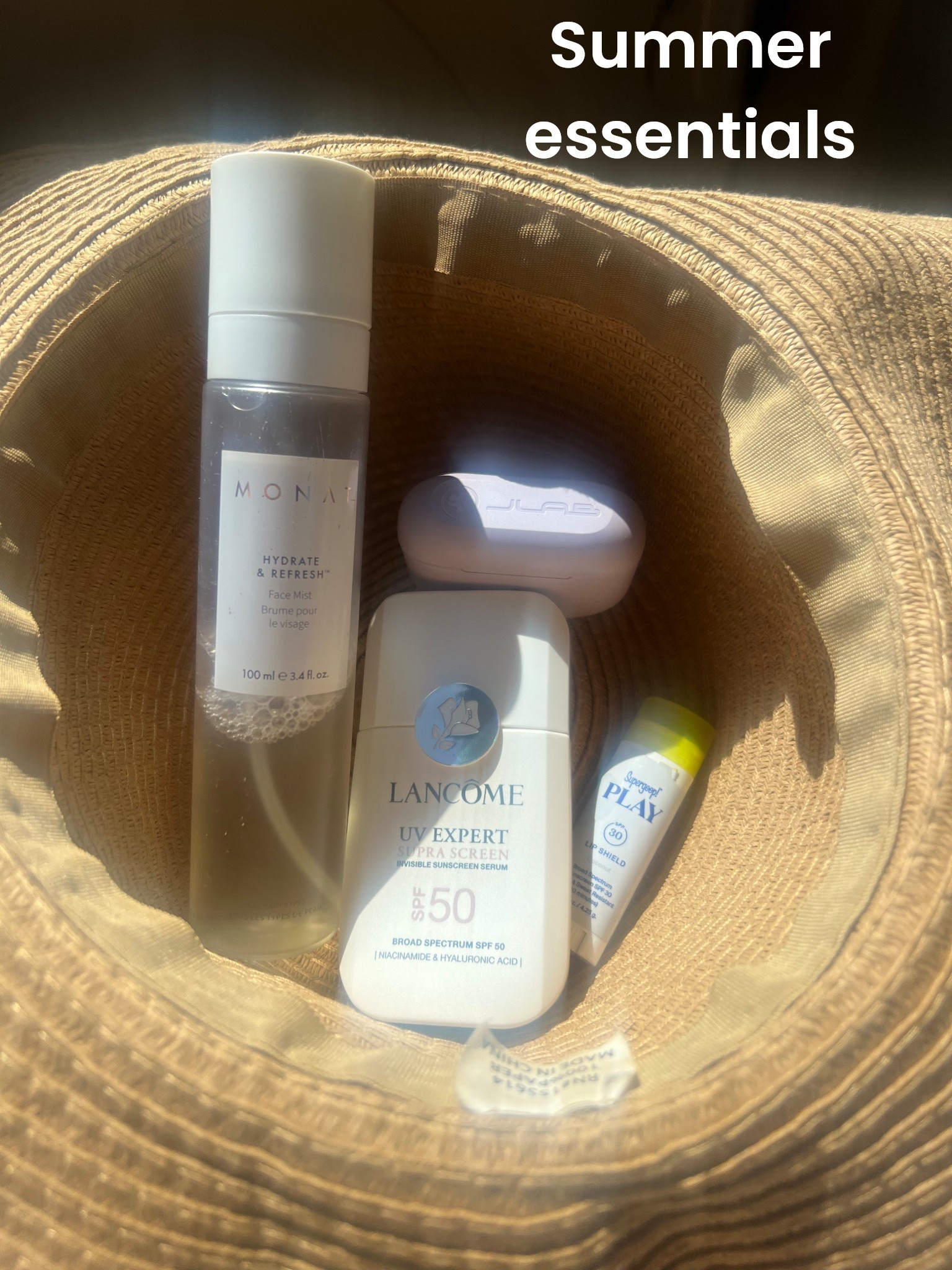 Summer essentials☀️🤠 can’t live without my hat, sunscreen, hydrating face mist, lip balm with spf & my ear buds! (Super affordable) 

Happy Summer 🌊⛱️🏝️

#LTKSaleAlert #LTKSeasonal #LTKBeauty