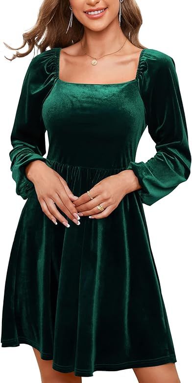 MSBASIC Velvet Dress for Women Long Puff Sleeve Square Neck Elegant Cocktail Dresses | Amazon (US)