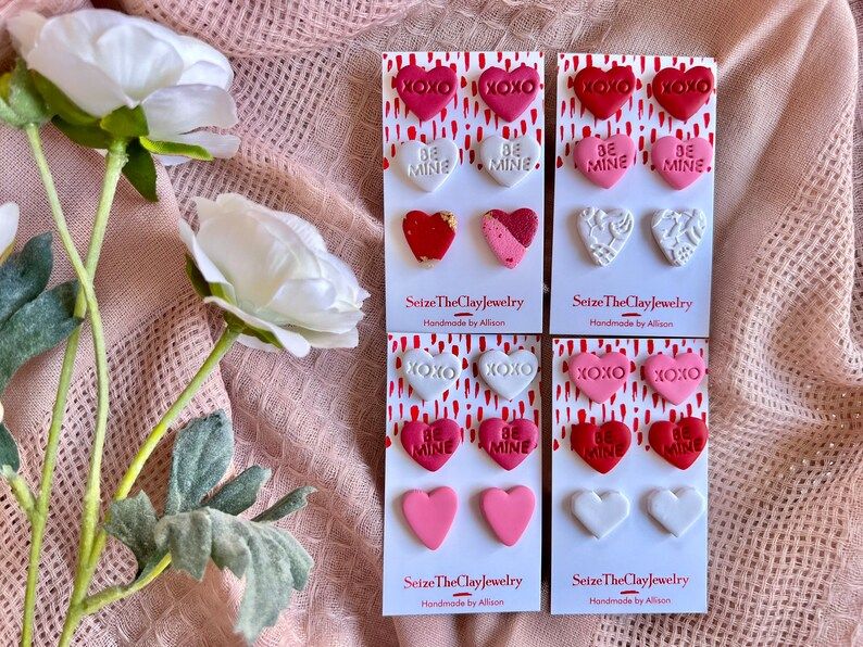 Candy Heart Studs, Valentine's Clay Studs, Candy Heart Earrings, Valentine's Studs, Heart Clay Ea... | Etsy (US)