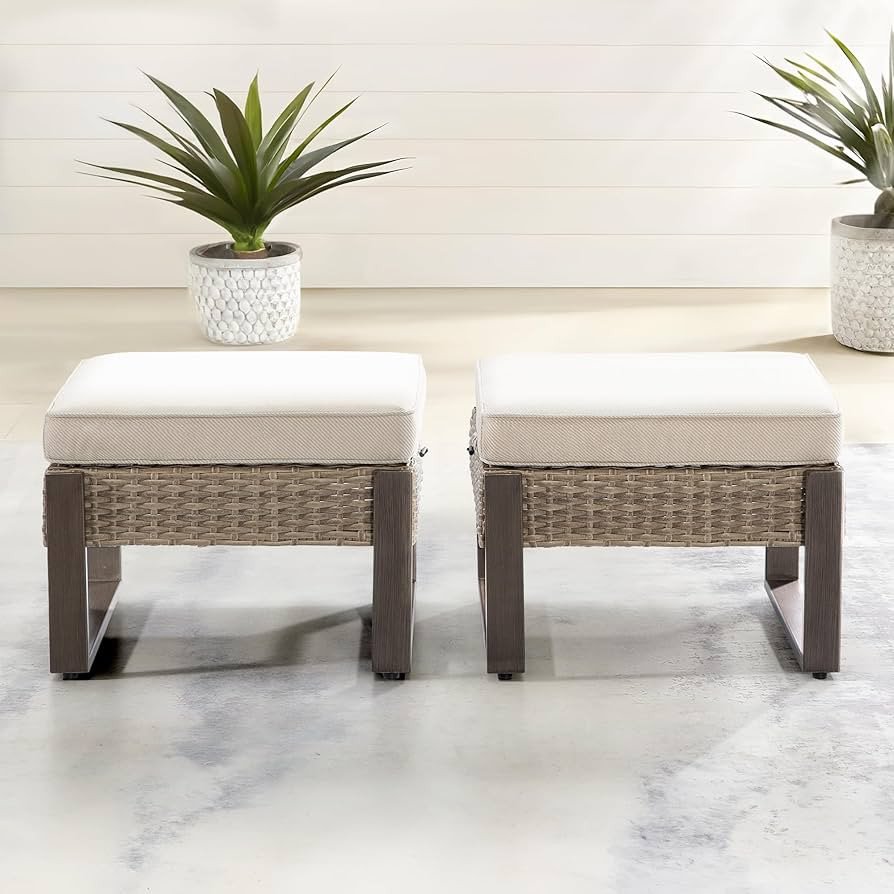 2 Pieces Outdoor Patio Ottoman, All-Weather PE Rattan Ottomans Footstools with Removable Cushions... | Amazon (US)