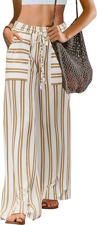 LAMISSCHE Womens Oversized Striped Wide Leg Pants High Waisted Lounge Pants Beach Trousers with P... | Amazon (US)