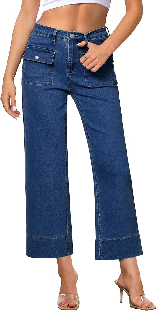 GRAPENT Wide Leg Jeans for Women Trendy High Waisted Straight Leg Cropped Stretchy Denim Pants wi... | Amazon (US)