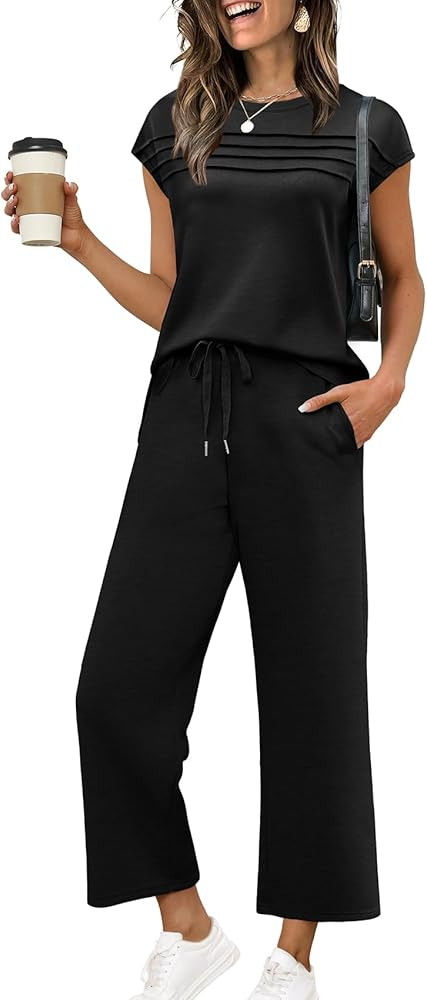 WIHOLL Two Piece Sets for Women Summer Travel Vacation Outfits Cap Sleeve Lounge Matching Sets Wi... | Amazon (US)