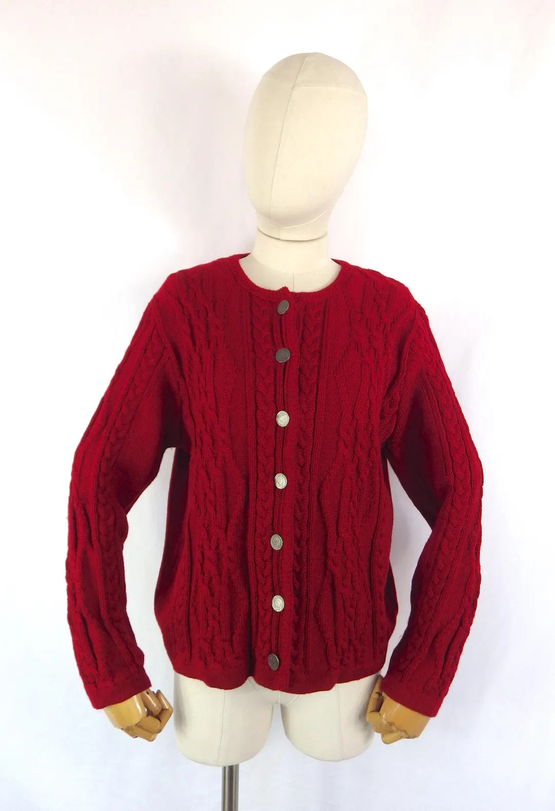 Vintage Retro Maroon Burgundy Wine Coloured Cable Knit Wool Blend Cardigan Metal Buttons Bust 42"... | Etsy (US)