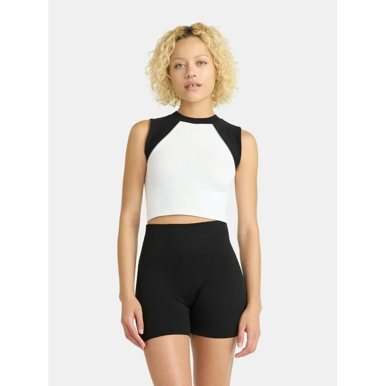 No Boundaries Raglan Seamless Cropped Muscle Tee and Biker Shorts Set, 2-Piece, Women's | Walmart (US)