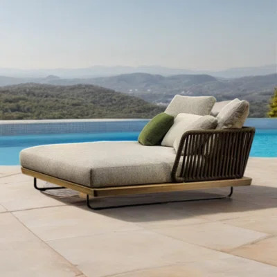 Aluminum Frame Outdoor Chaise With Teak 63.77'' Teak Outdoor Patio Daybed with Sunbrella® Cushions | Wayfair North America