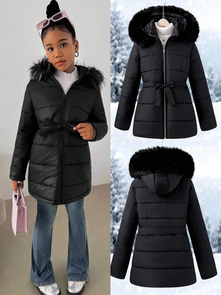 SHEIN Tween Girl Casual Faux Fur Collar Long Sleeve Padded Coat Autumn | SHEIN