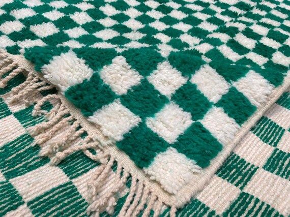 Moroccan Checkered Rug White & Green 5.3x8.6 | Berber Checkered Carpet | Checkerboard Wavy Morocc... | Etsy (US)