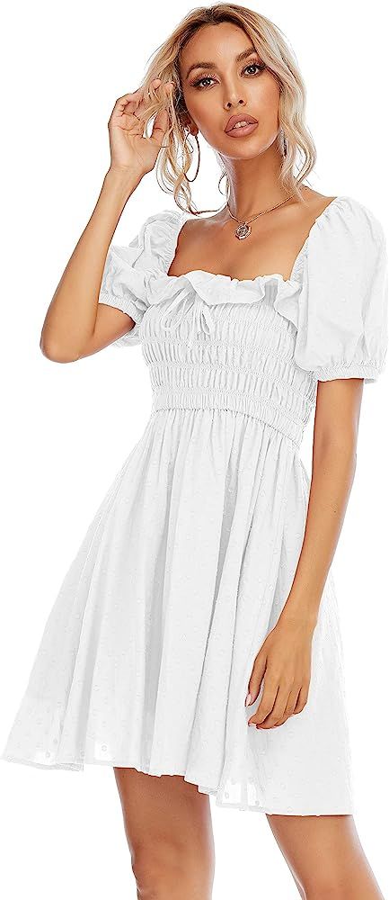 R.Vivimos Women's Summer Linen Short Sleeve Ruffled Floral Print Swing Dress | Amazon (US)