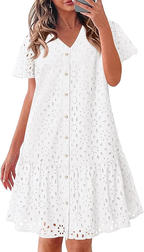 KIRUNDO Summer Dresses for Women 2025 Button Down V Neck Short Sleeve Hollow Out Lace A Line Casu... | Amazon (US)