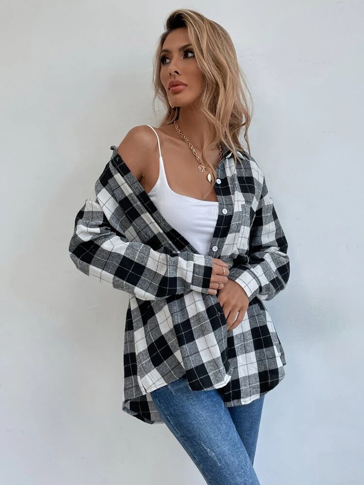 Drop Shoulder Tartan Longline Blouse | SHEIN