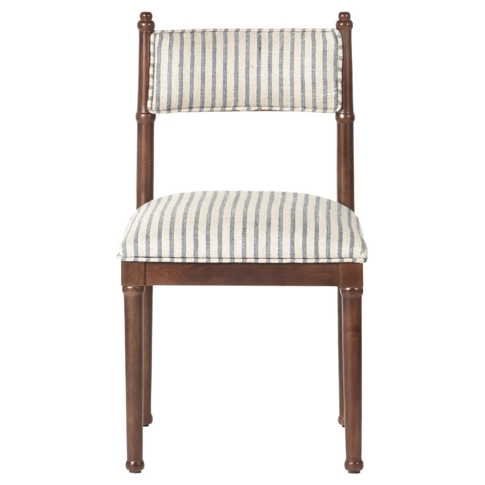 Cora Updated Traditional Blue Striped Dark Brown Wood Dining Chair - Set of 2 | Kathy Kuo Home