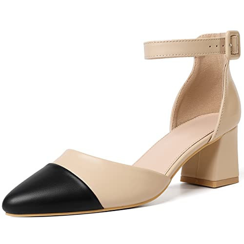RIBONGZ Womens Low Heels Closed Toe Nude Black Shoes Chunky Heel Two-Tone Heel Work Pumps Block Kitten Heeled Sexy Ankle Strap Stylish Dressy Shoes 9.5 | Amazon (US)